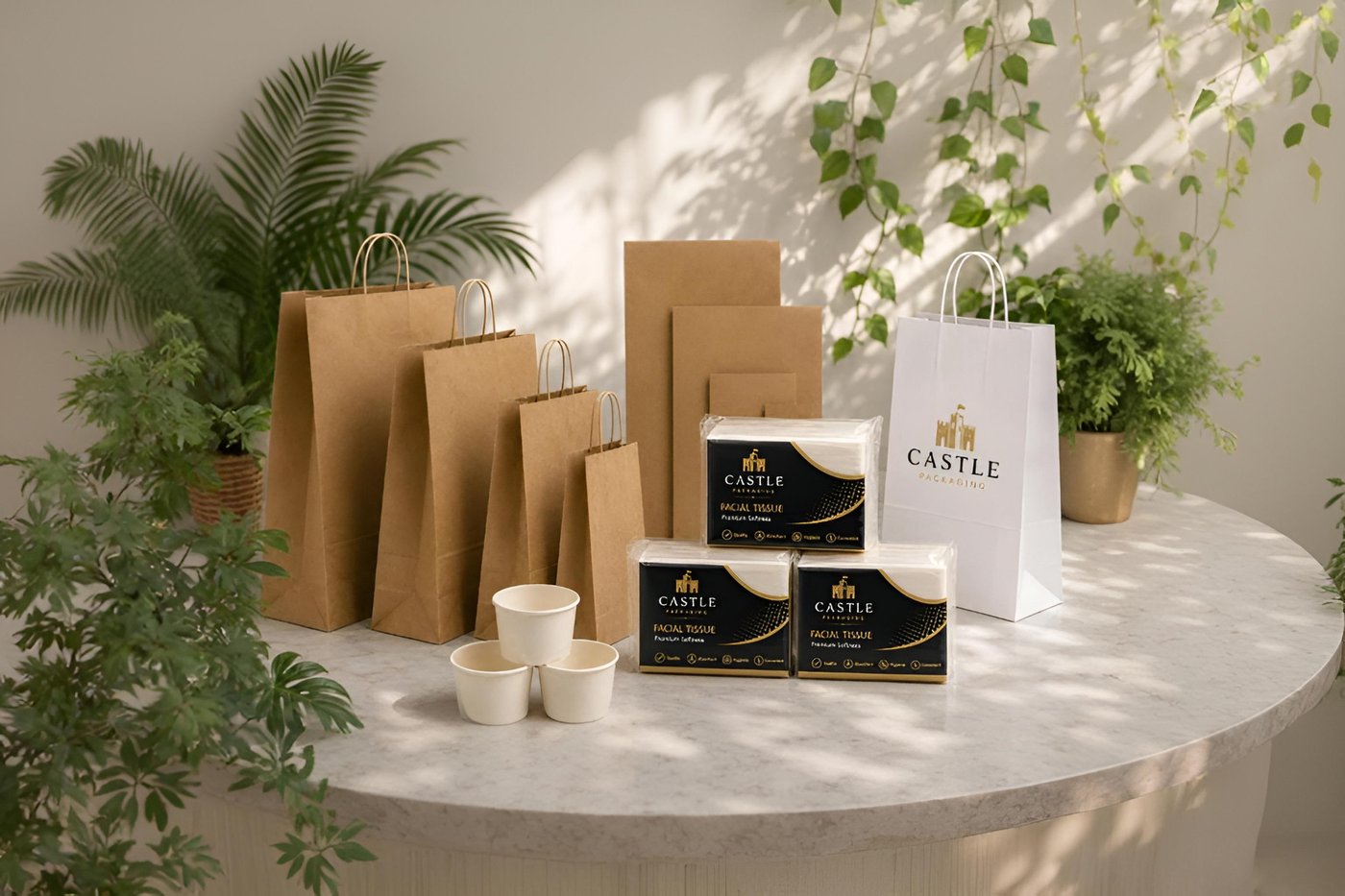 Castle Packaging paper bags, cups and tissues displayed together